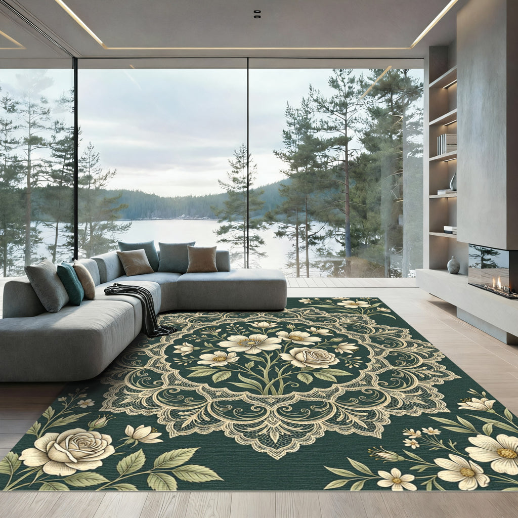 Elegant Floral Lace Medallion Dark Green Rug