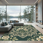 Elegant Floral Lace Medallion Dark Green Rug