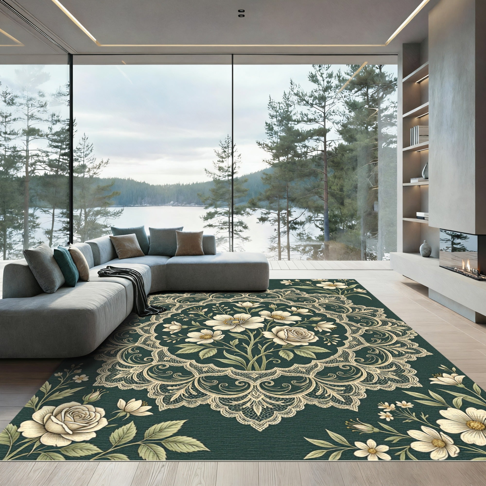 Elegant Floral Lace Medallion Dark Green Rug