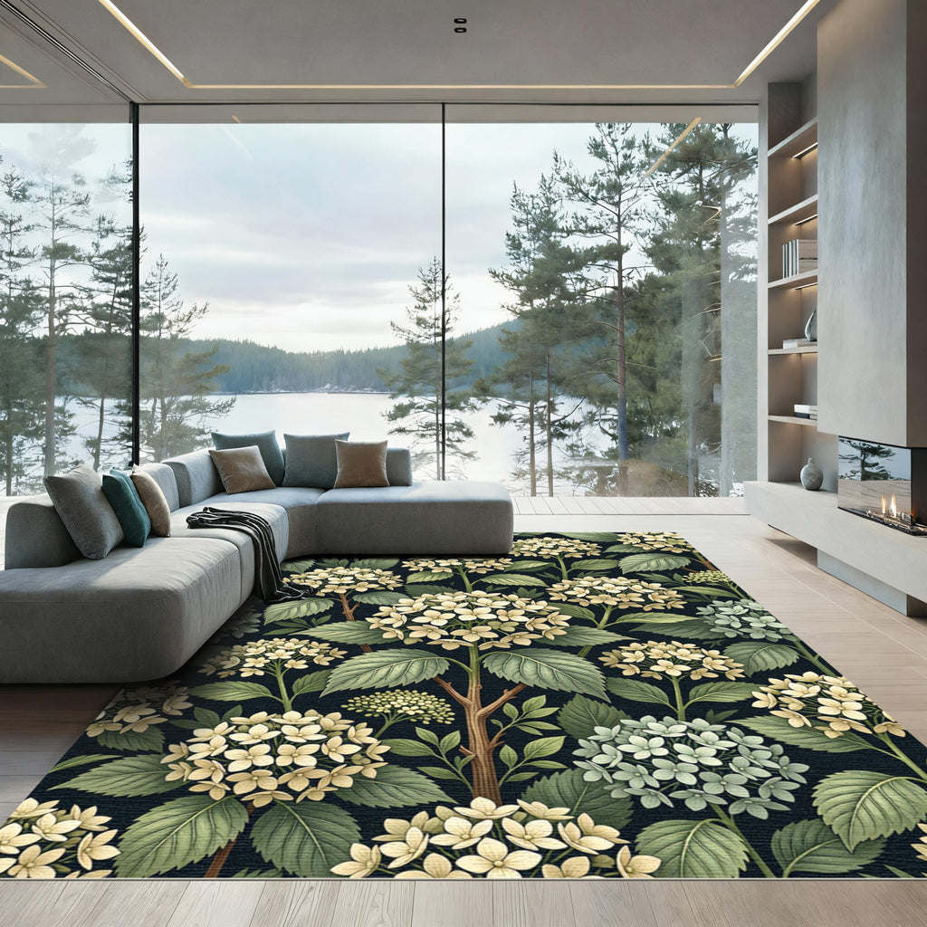 Cream Hydrangea Botanical Midnight Floral Rug