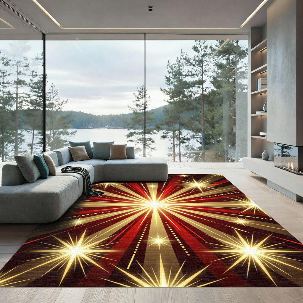 Radiant Red Golden Starburst Rug