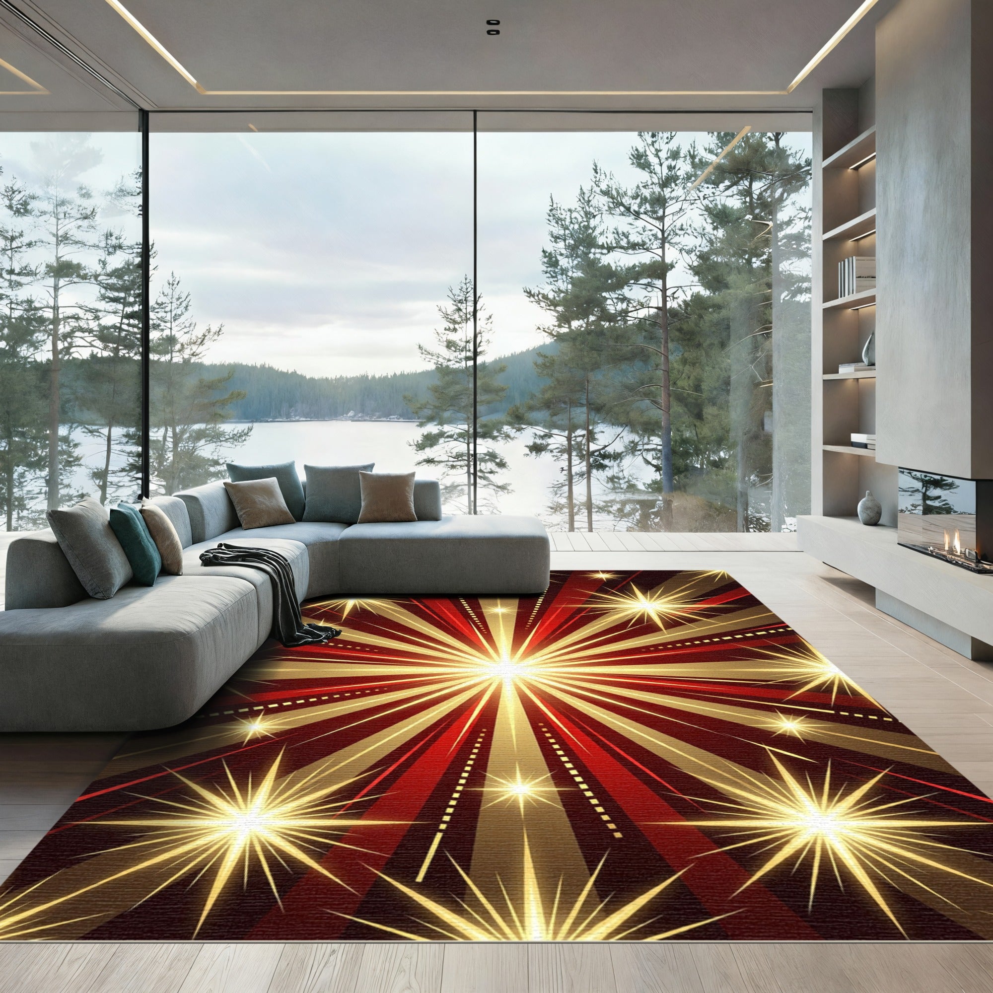 Radiant Red Golden Starburst Rug