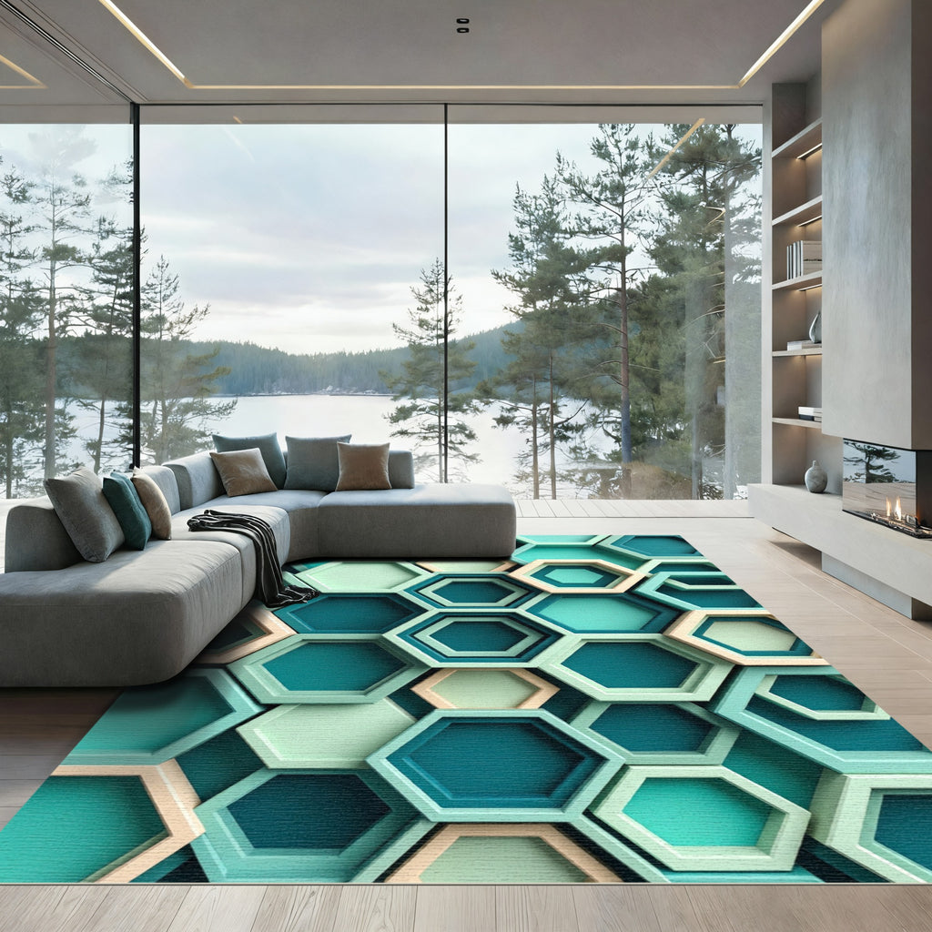 Modern Teal Geometric Hexagon Layers Rug