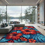 Tropical Orange Hibiscus Blue Foliage Rug