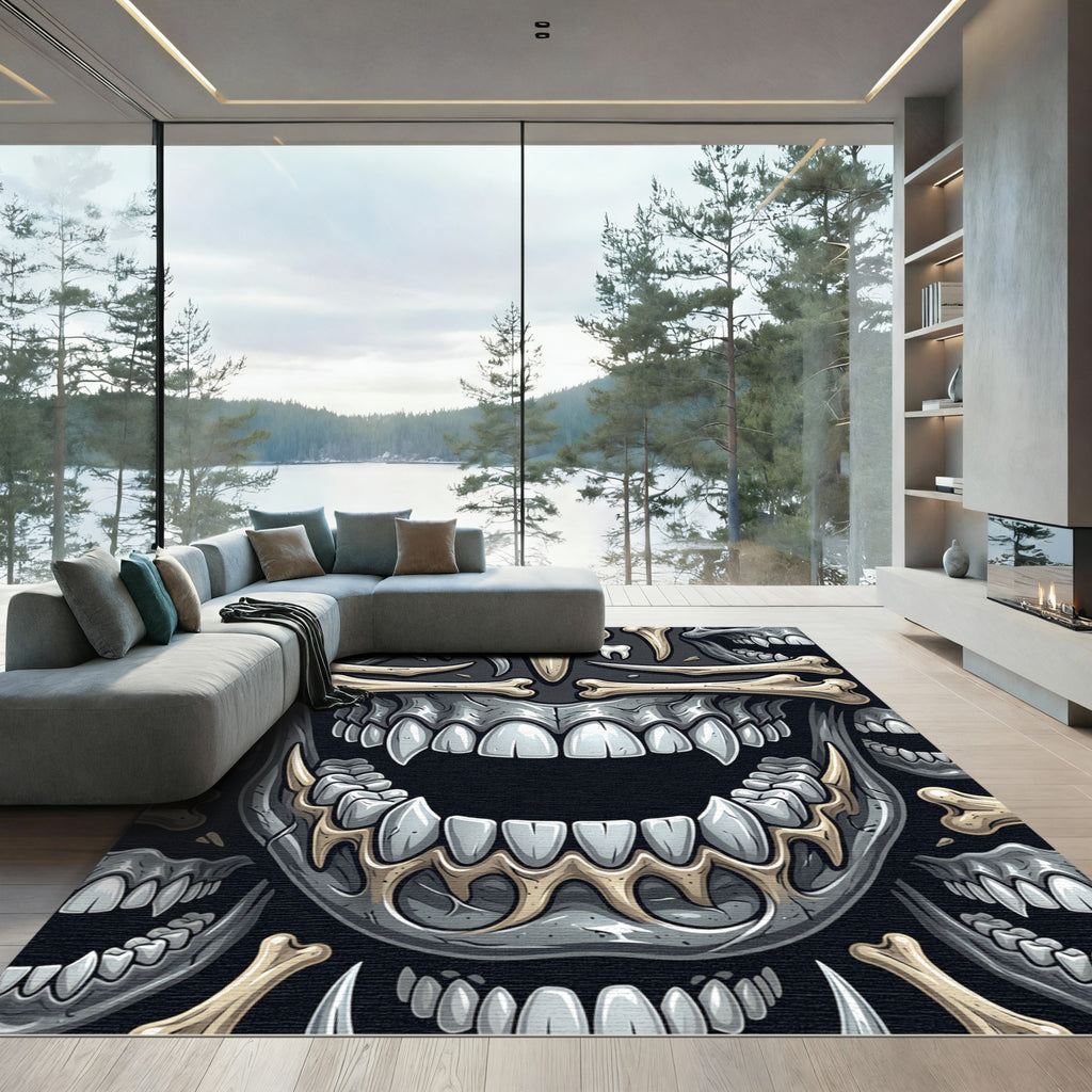 Dark Gothic Bone Fang Skull Illustration Rug