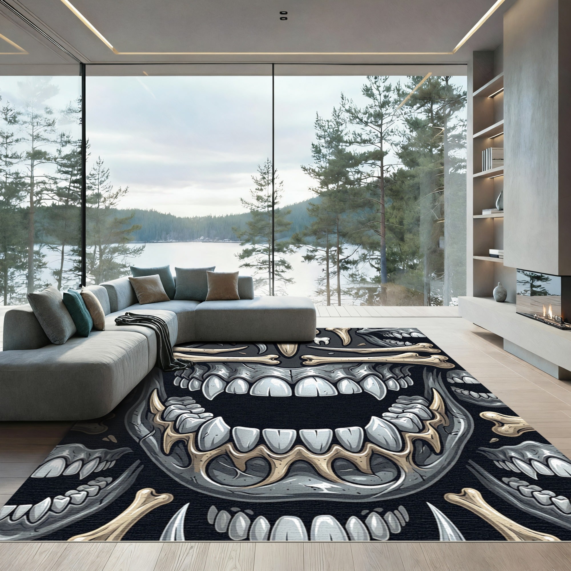 Dark Gothic Bone Fang Skull Illustration Rug
