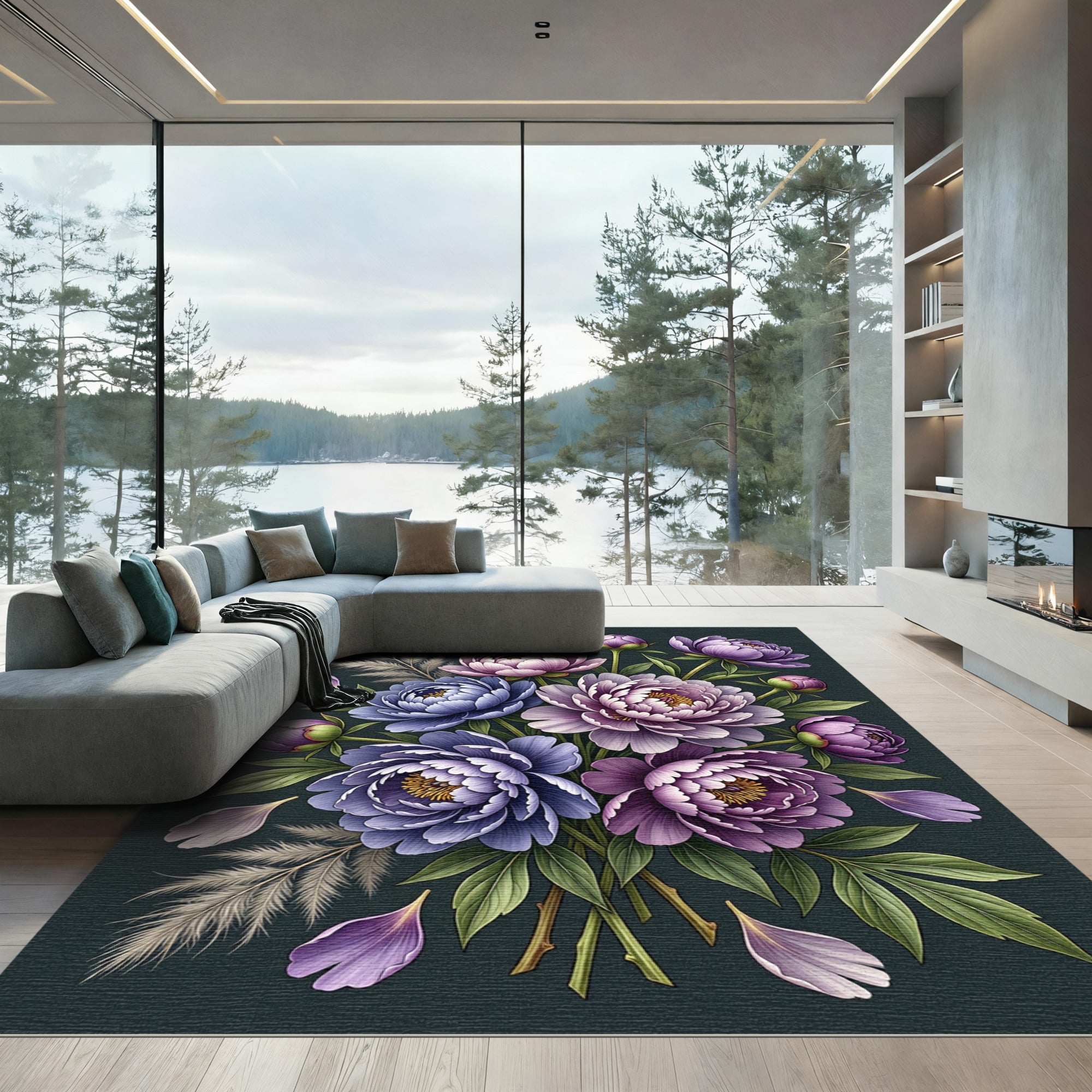 Elegant Purple Peony Floral Bouquet Rug