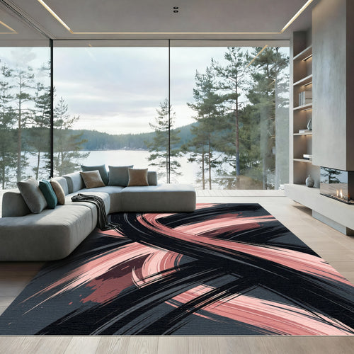 Abstract Blush Pink and Charcoal Swirl Rug