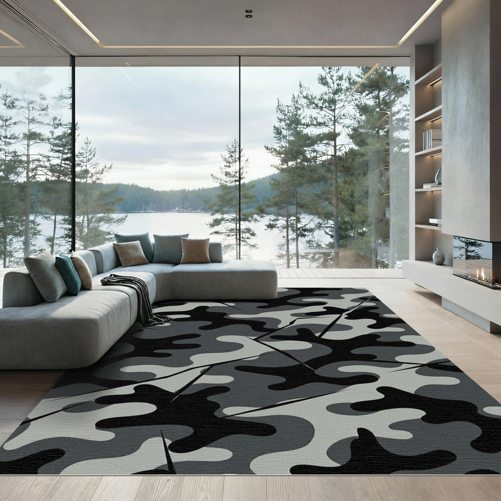 Modern Graphite And Slate Camouflage Rug