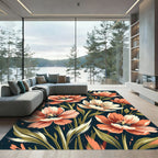 Coral Peach Floral Botanical Dark Garden Rug