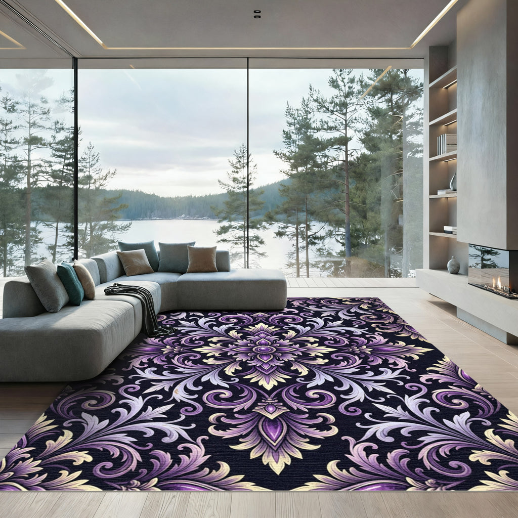 Elegant Purple Damask Ornate Medallion Rug