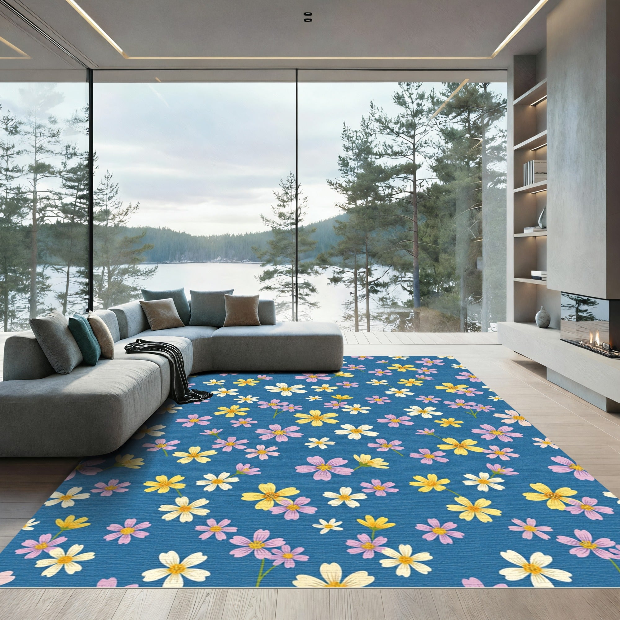 Charming Floral Scatter Blue Rug