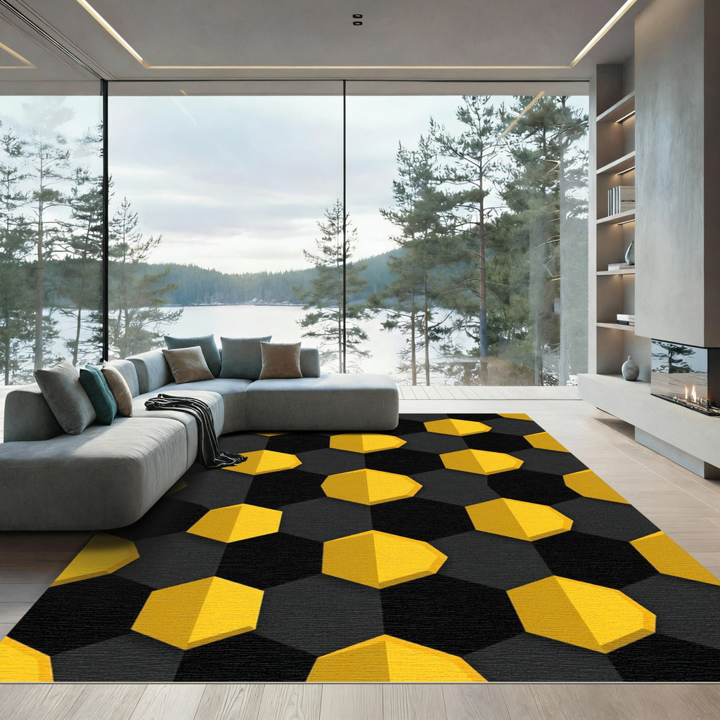 Bold Black and Yellow Geometric Hexagons Rug