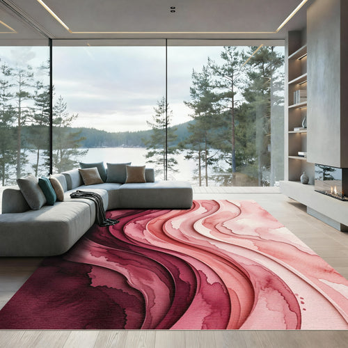 Abstract Crimson Watercolor Layered Waves Rug