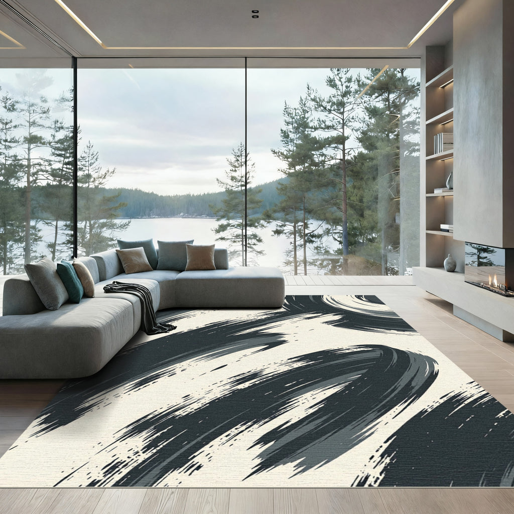Charcoal Streak Abstract Swirl Rug