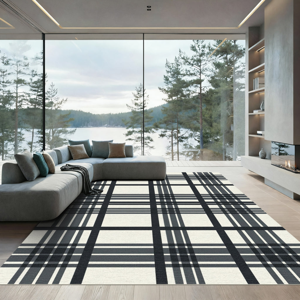 Classic Tartan Checkered Black Ivory Rug