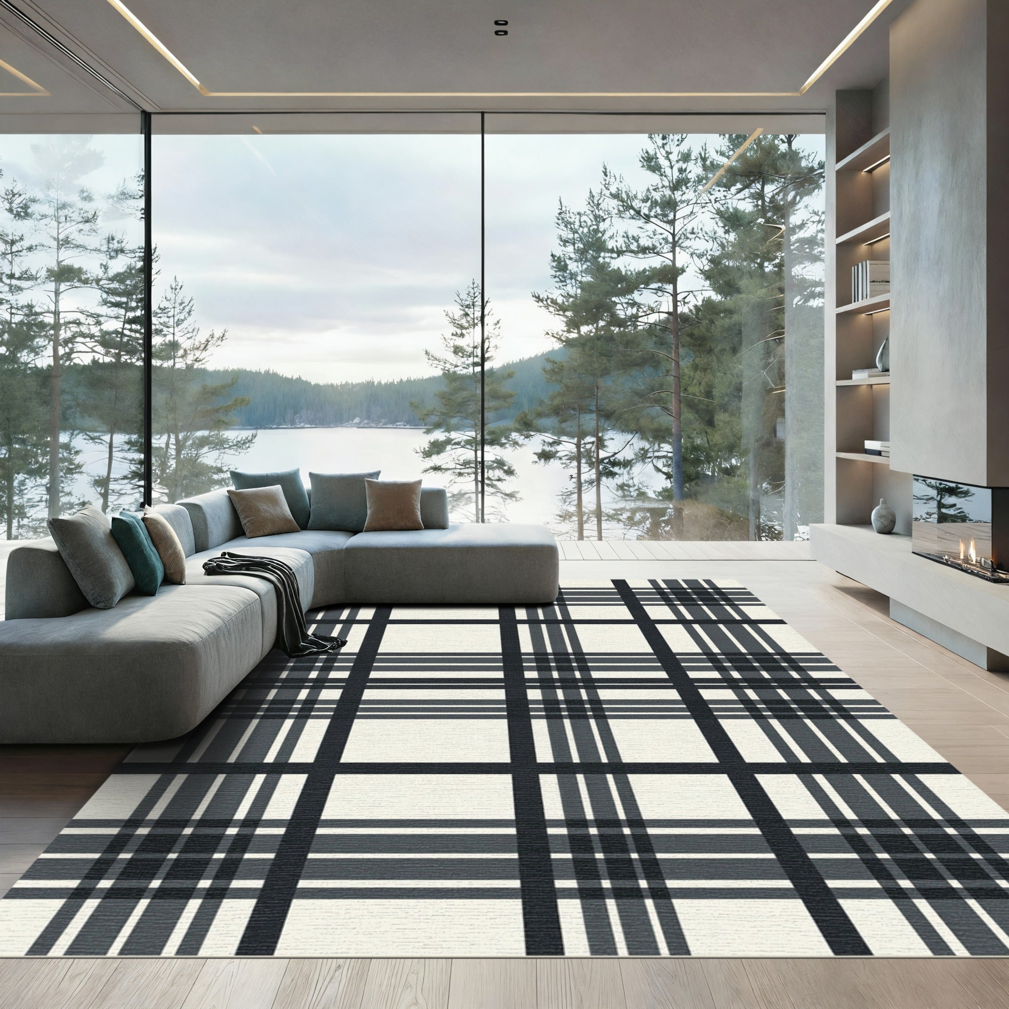 Classic Tartan Checkered Black Ivory Rug