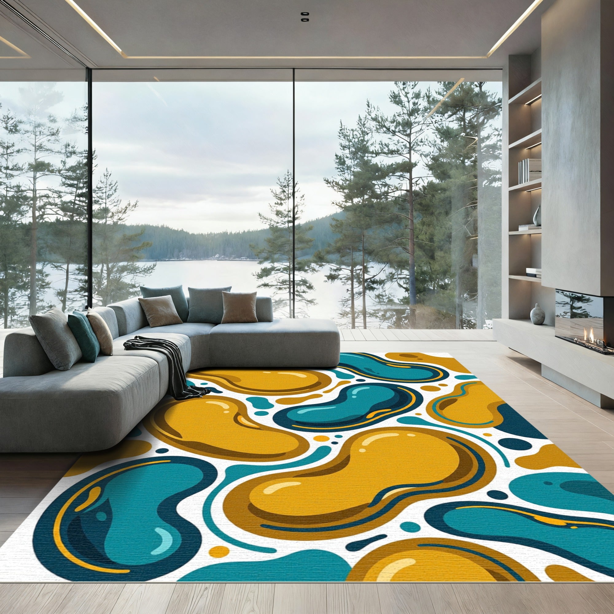 Abstract Teal and Golden Organic Shapes Rug