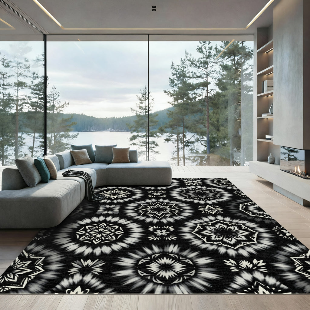 Black White Radial Floral Medallion Rug