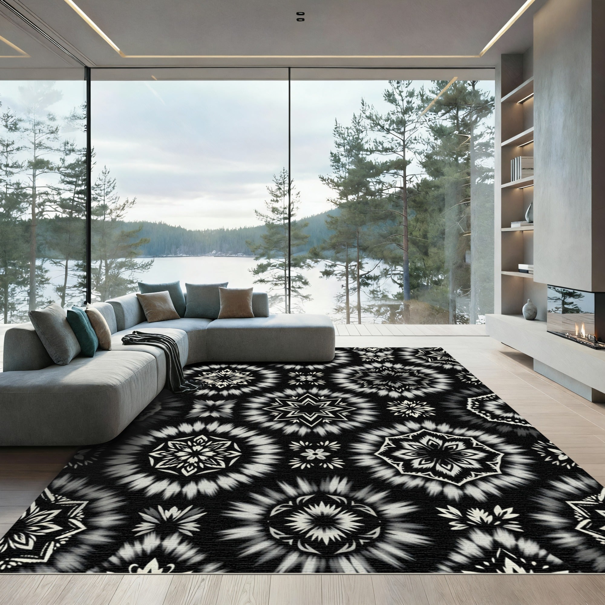 Black White Radial Floral Medallion Rug