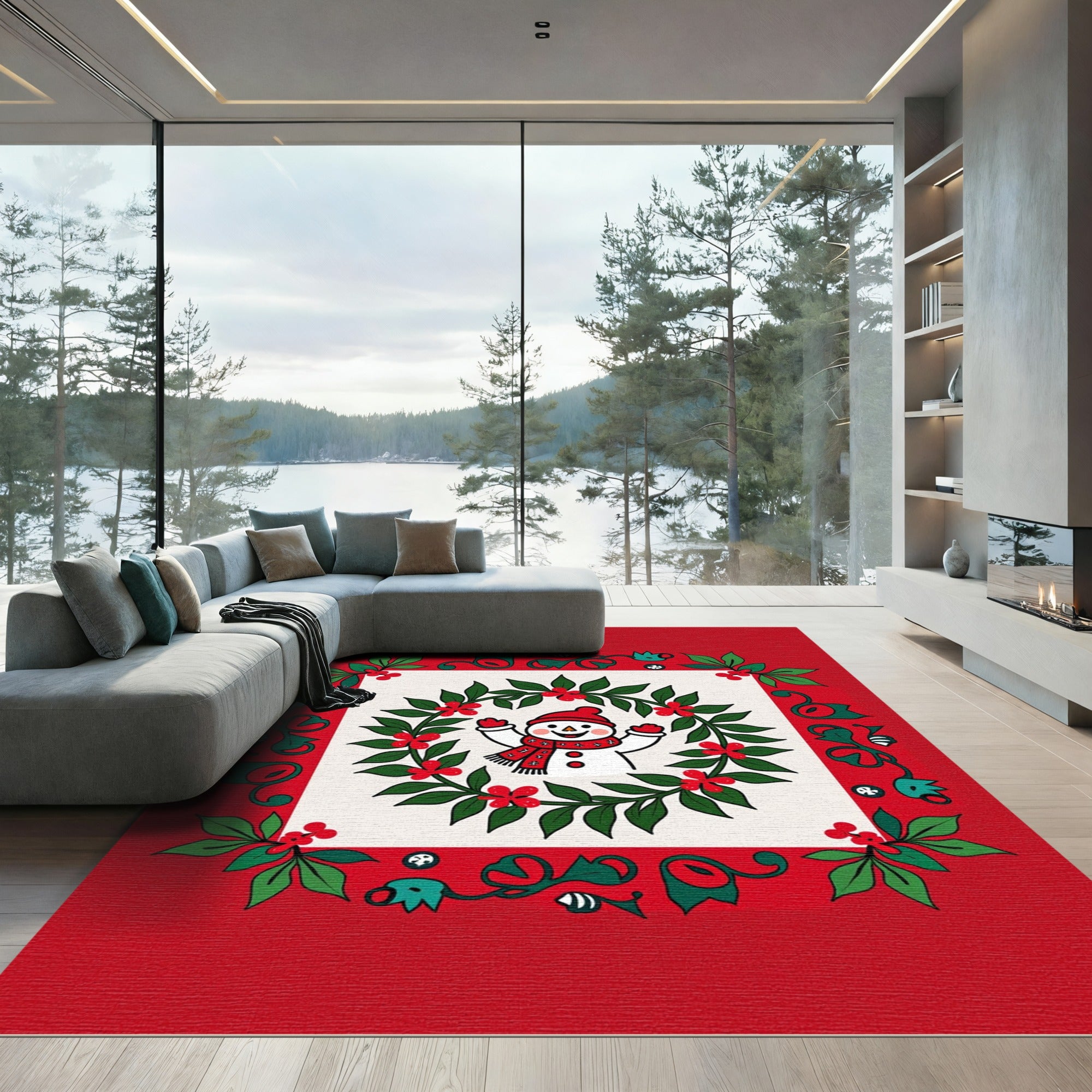 Christmas Snowman Holly Garland Rug