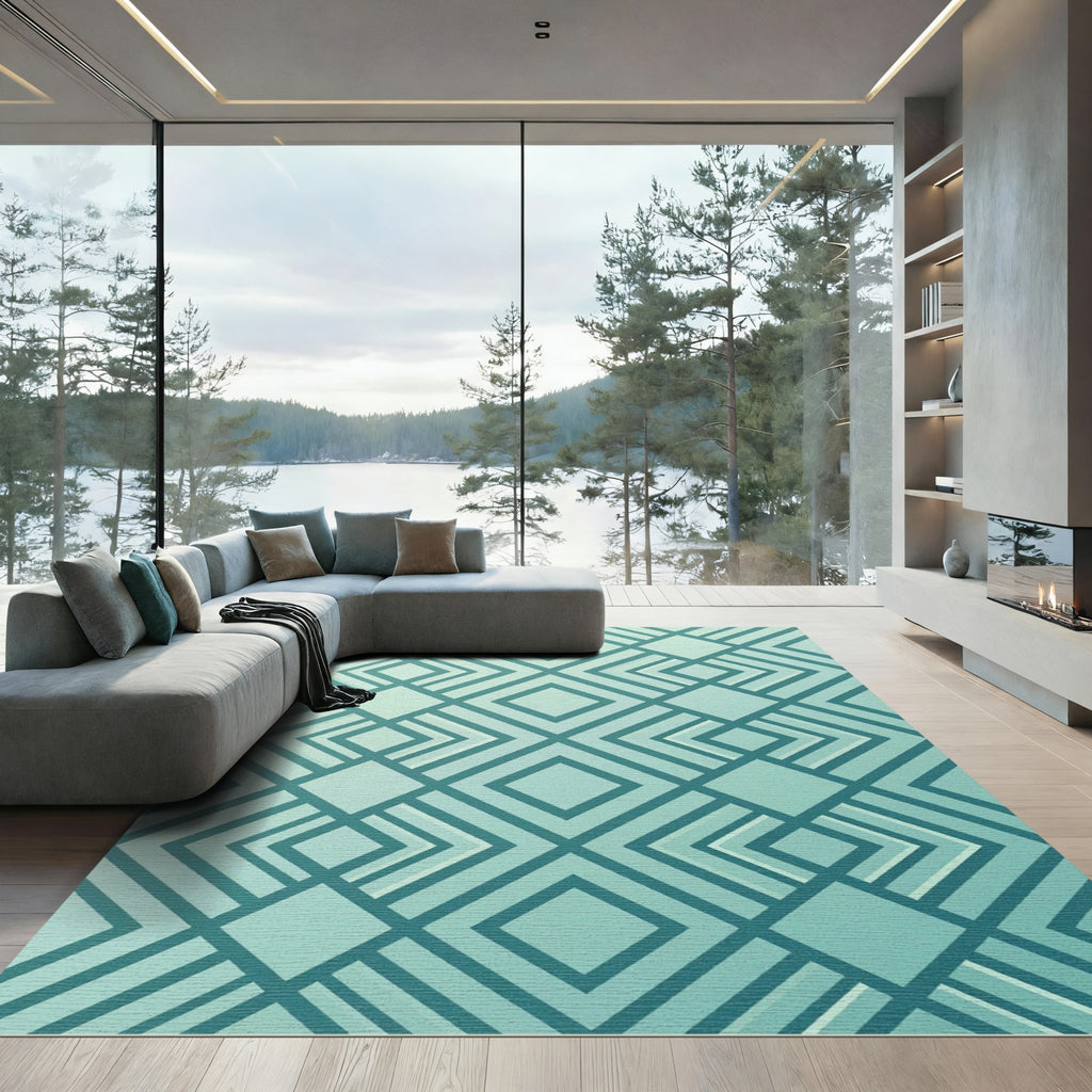 Modern Teal Geometric Diamond Grid Rug