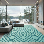 Modern Teal Geometric Diamond Grid Rug