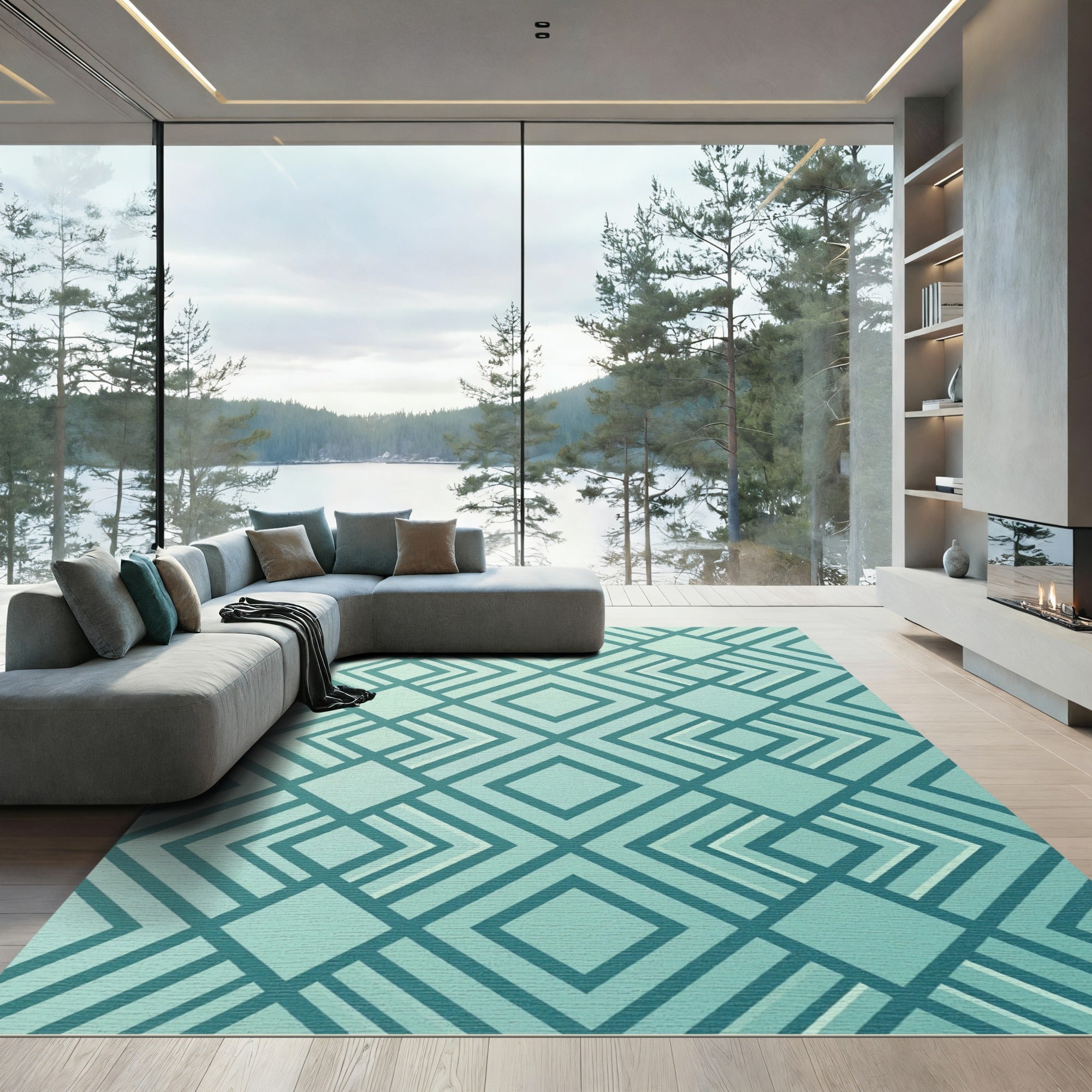 Modern Teal Geometric Diamond Grid Rug