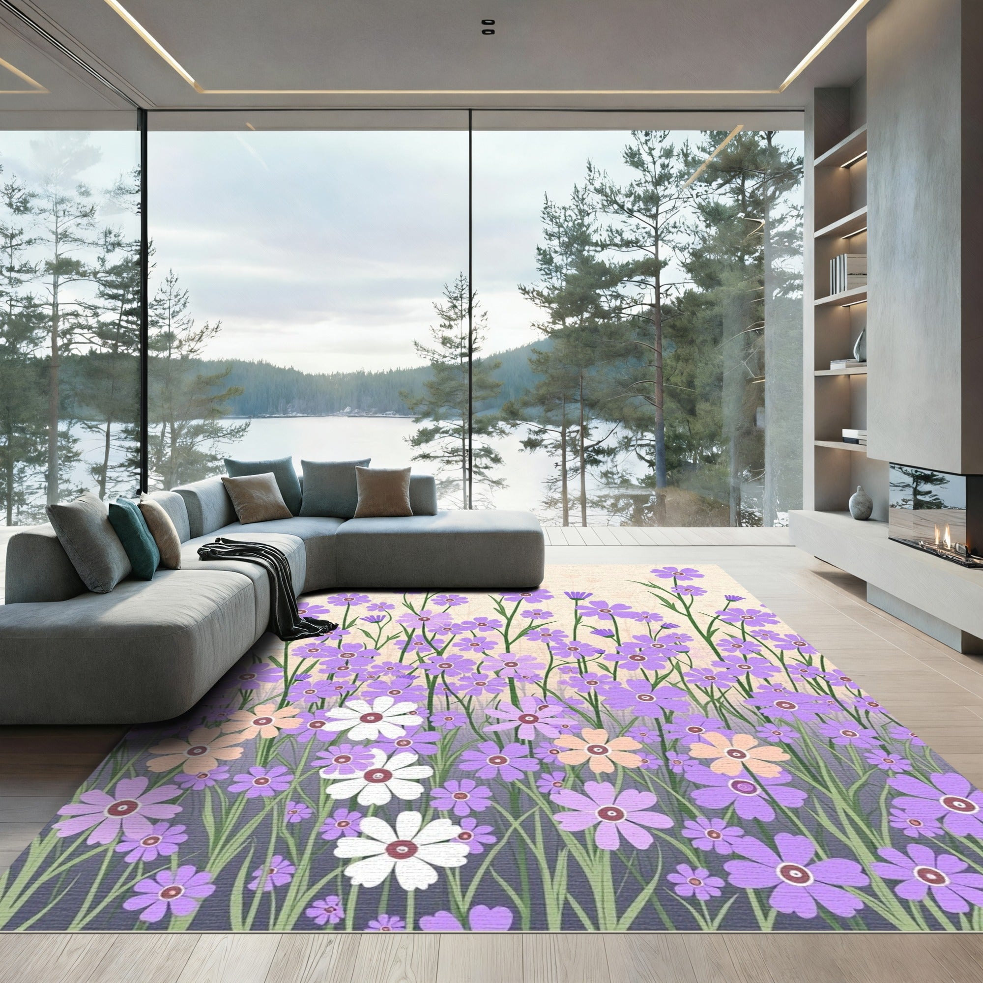 Lavender Meadow Wildflower Landscape Rug