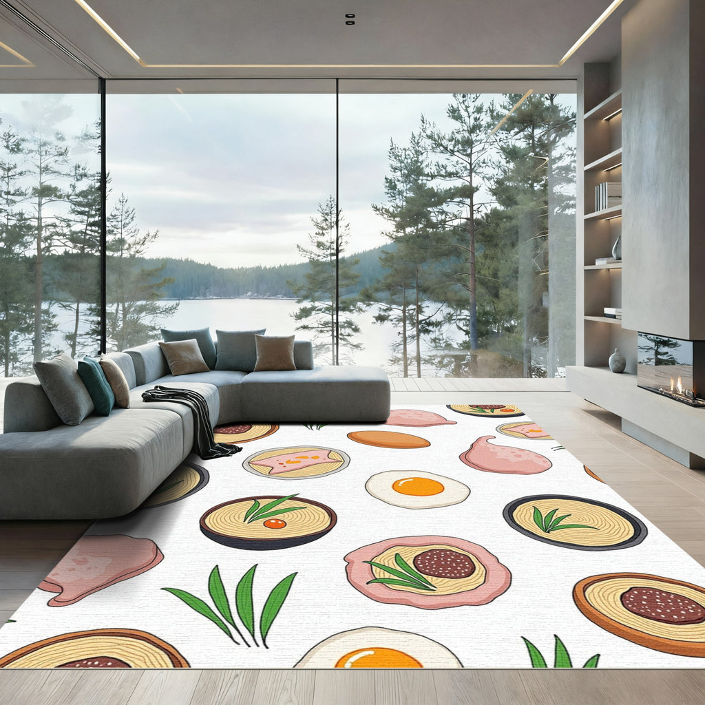 Pink Food Pattern with Eggs and Greens Rug
