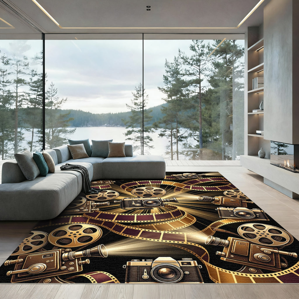 Cinematic Golden Film Reel Camera Collage Rug