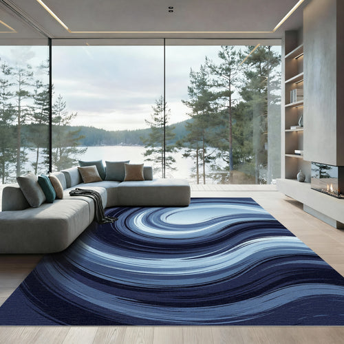 Abstract Navy Blue Swirling Wave Rug
