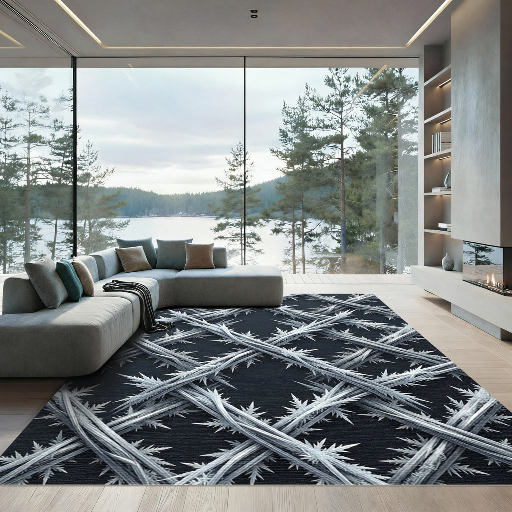 Monochrome Frosty Crystal Lattice Grid Rug