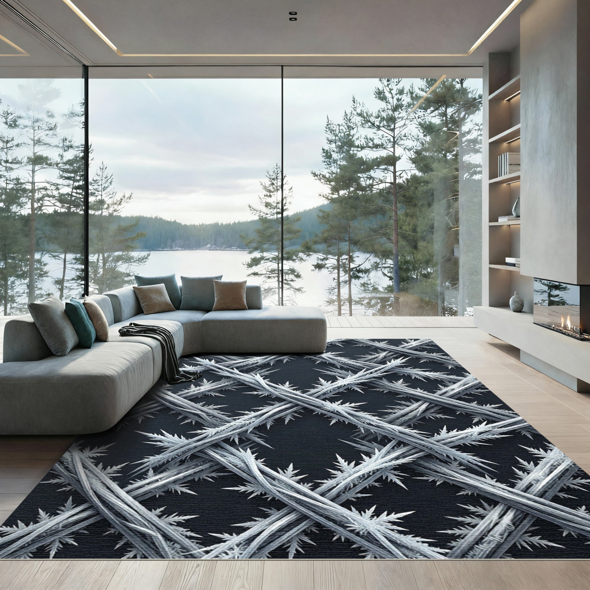 Monochrome Frosty Crystal Lattice Grid Rug