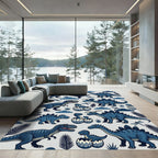 Playful Blue Dinosaur and Dragonfly Illustration Rug