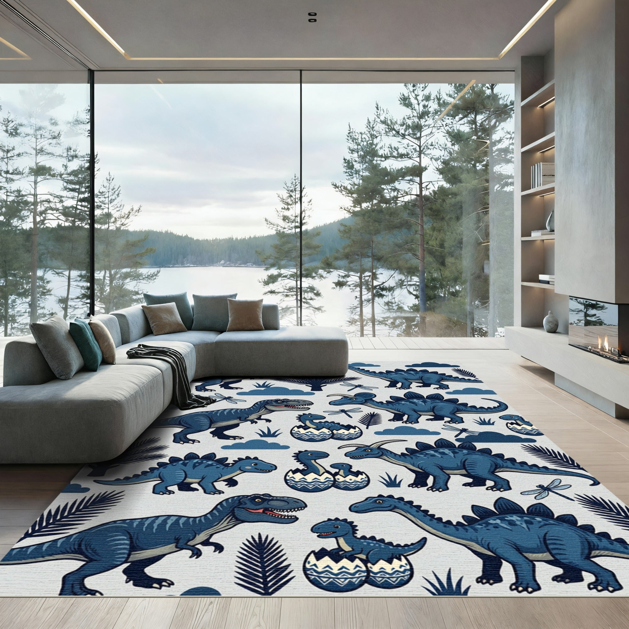 Playful Blue Dinosaur and Dragonfly Illustration Rug