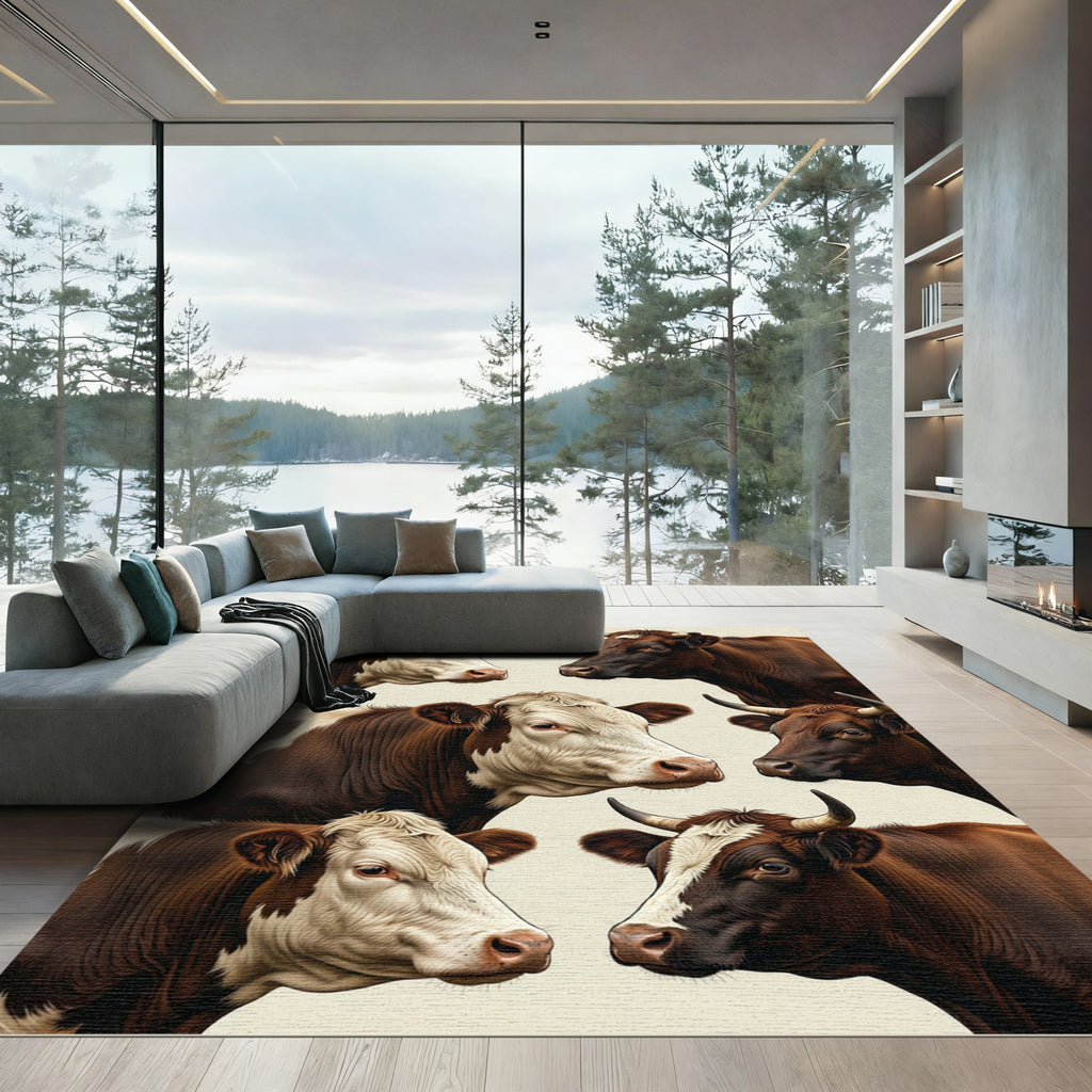 Realistic Brown And White Highland Cow Portrait Rug