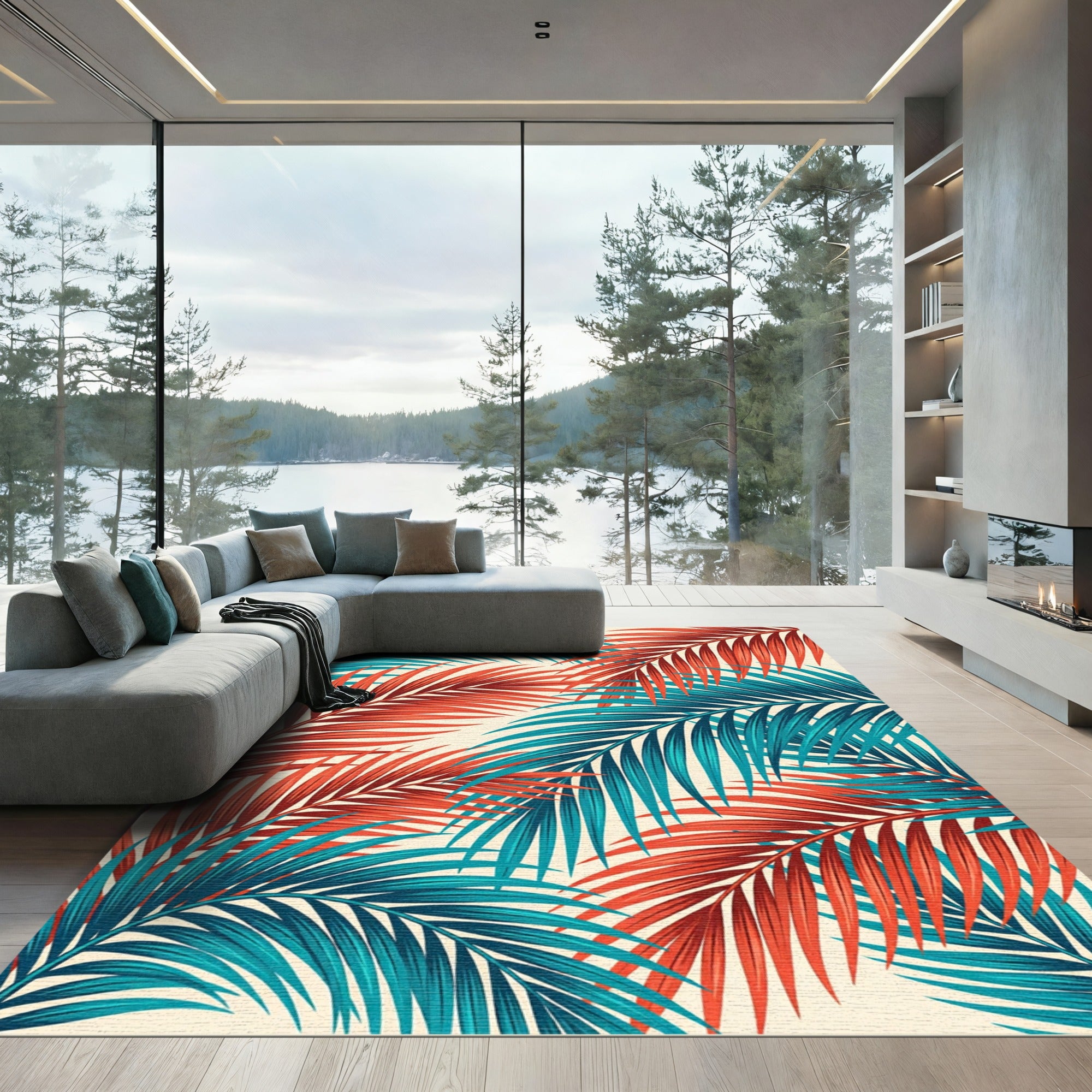 Coral Teal Palm Frond Arrangement Rug