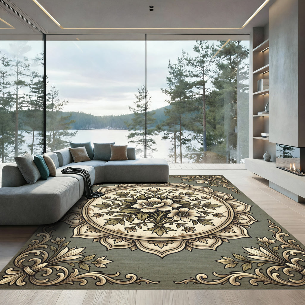 Vintage Sage Floral Medallion Illustration Rug