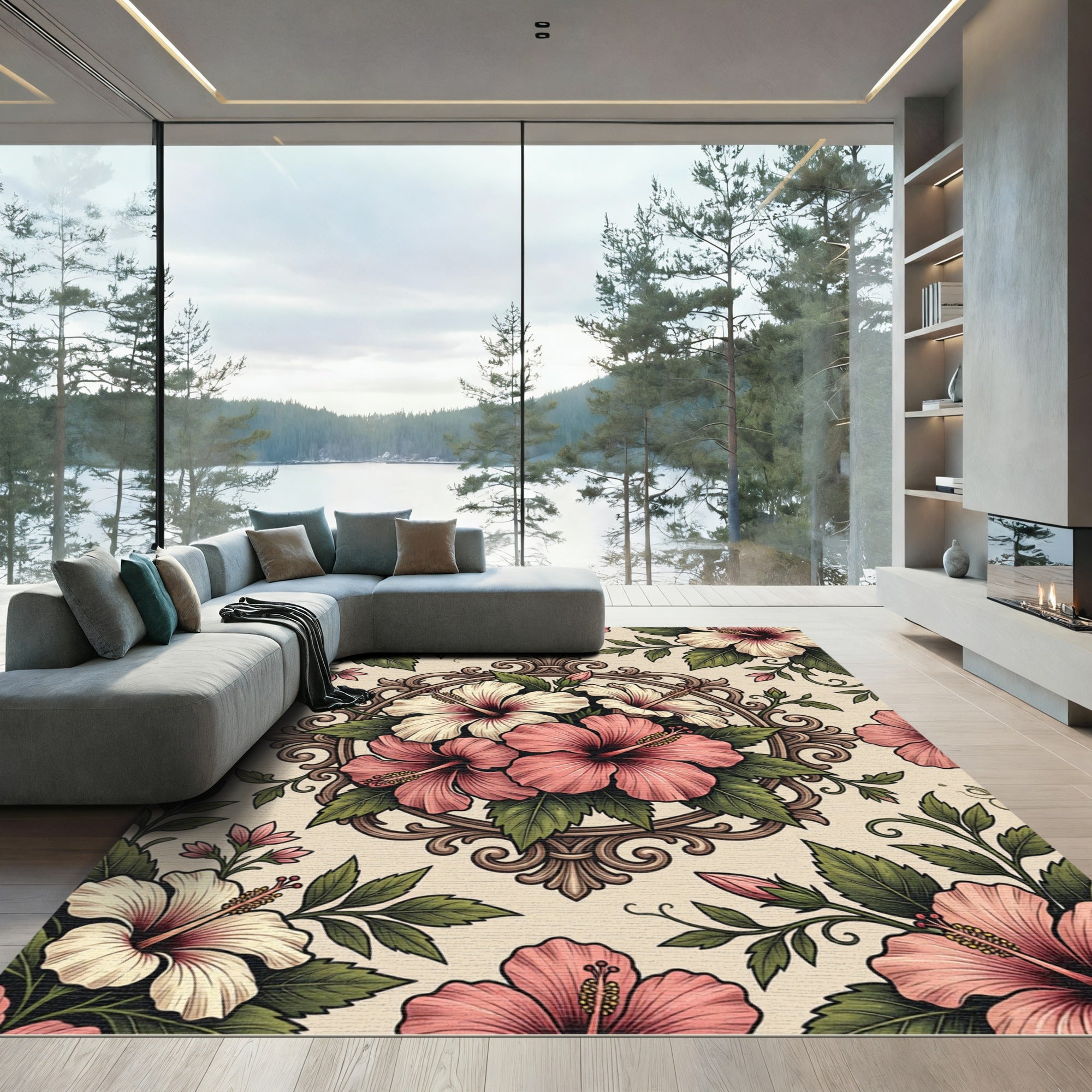 Vintage Pink Hibiscus Medallion Rug