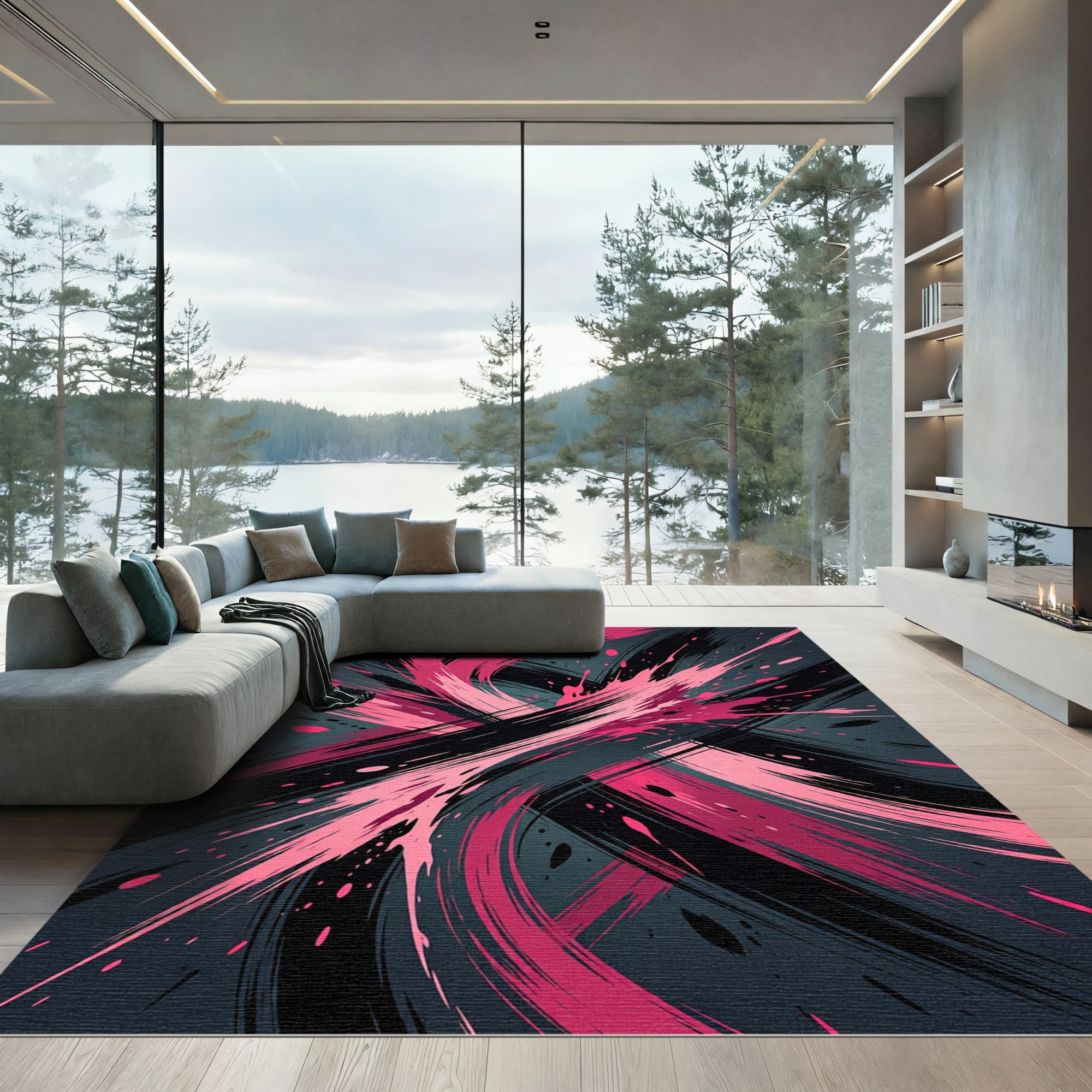 Bold Pink and Black Abstract Swirl Rug