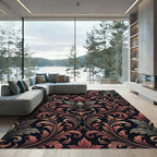 Ornate Crimson Foliage Scroll Damask Rug
