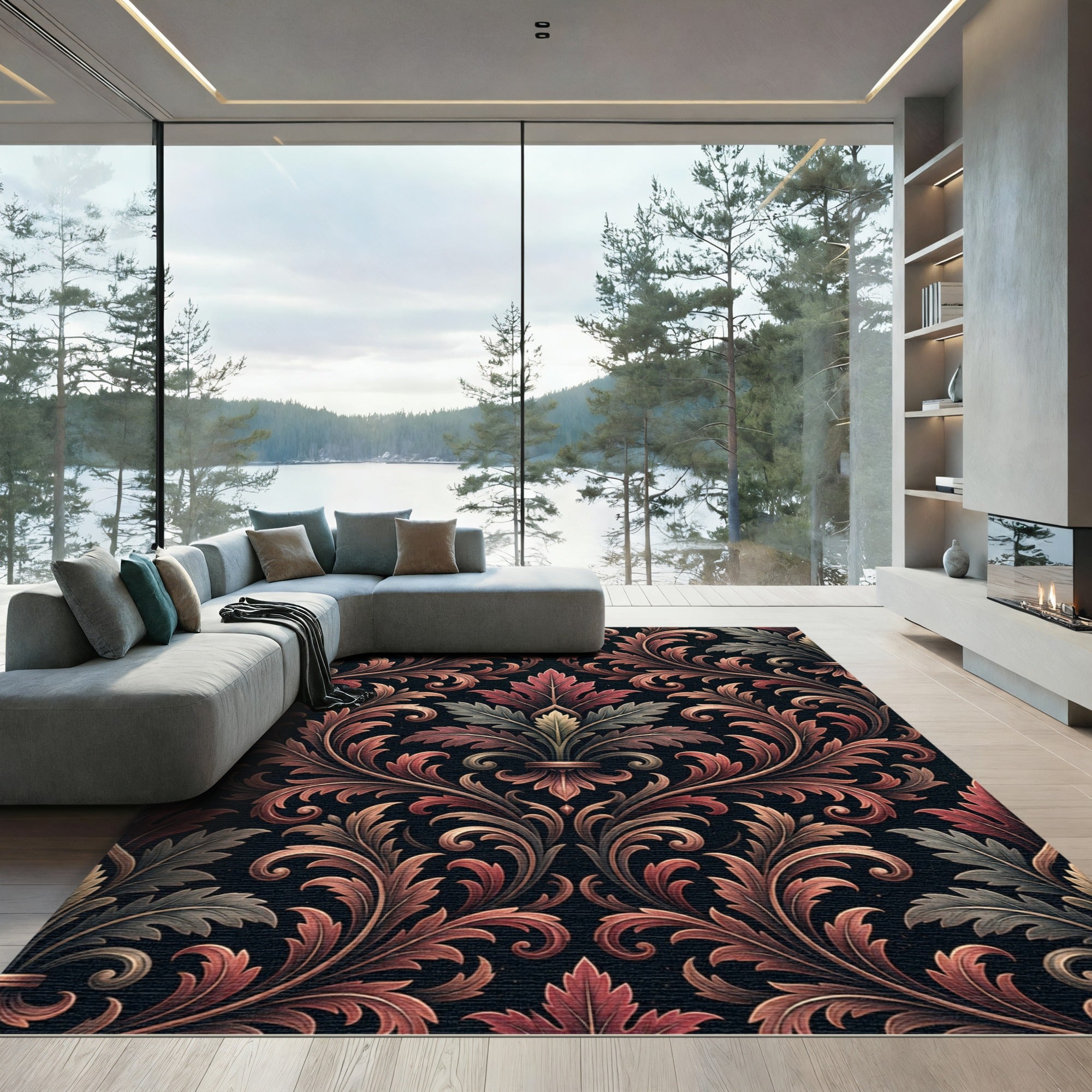 Ornate Crimson Foliage Scroll Damask Rug