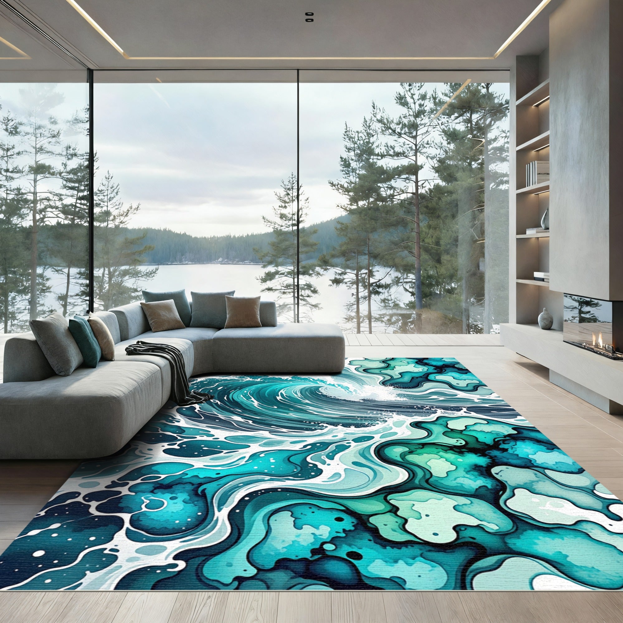 Abstract Ocean Wave Teal Blue Rug