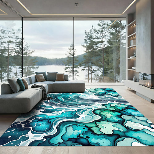 Abstract Ocean Wave Teal Blue Rug