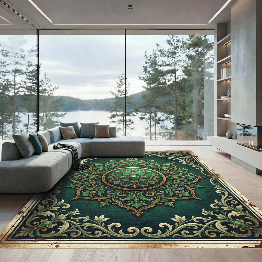 Emerald Green Ornate Medallion Rug
