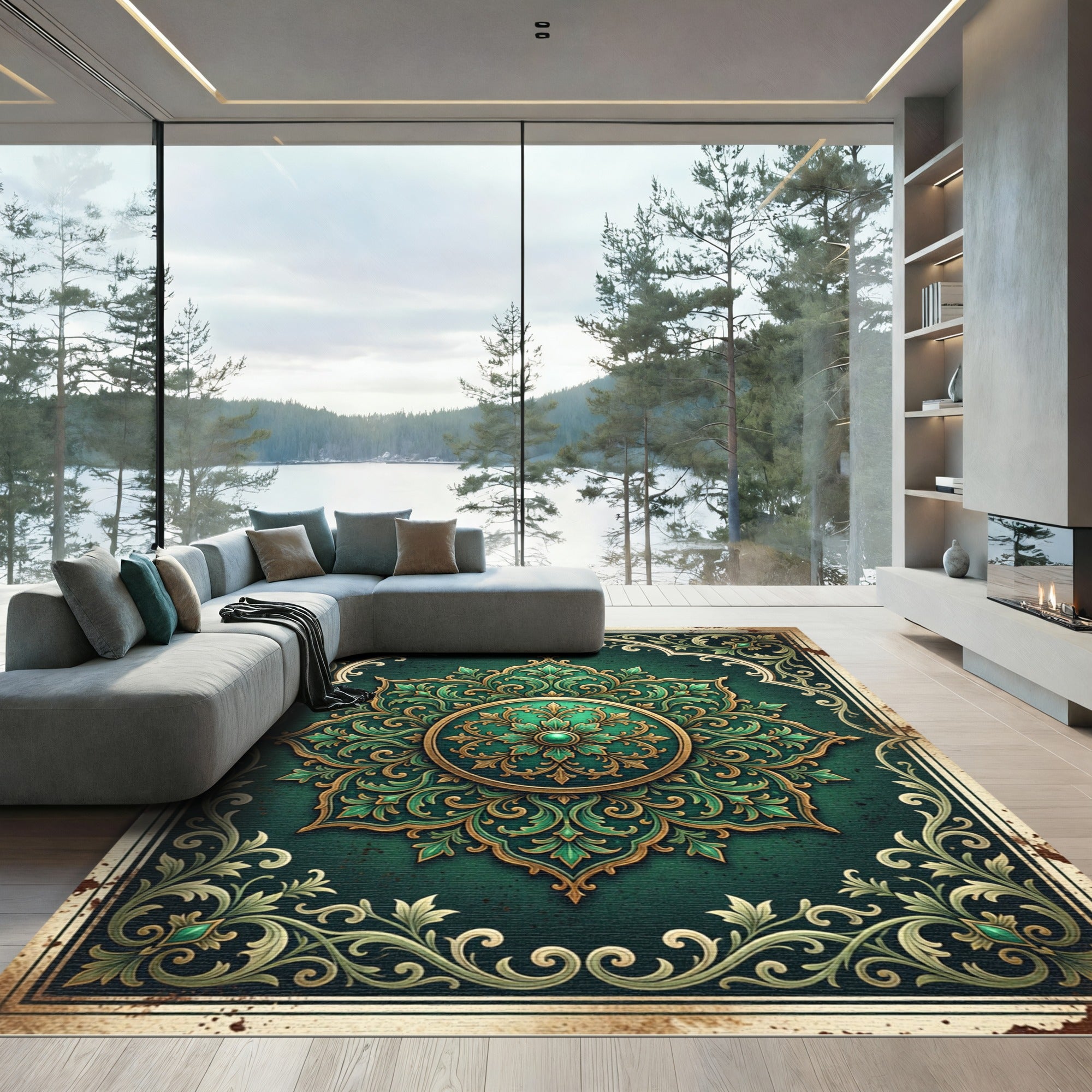 Emerald Green Ornate Medallion Rug