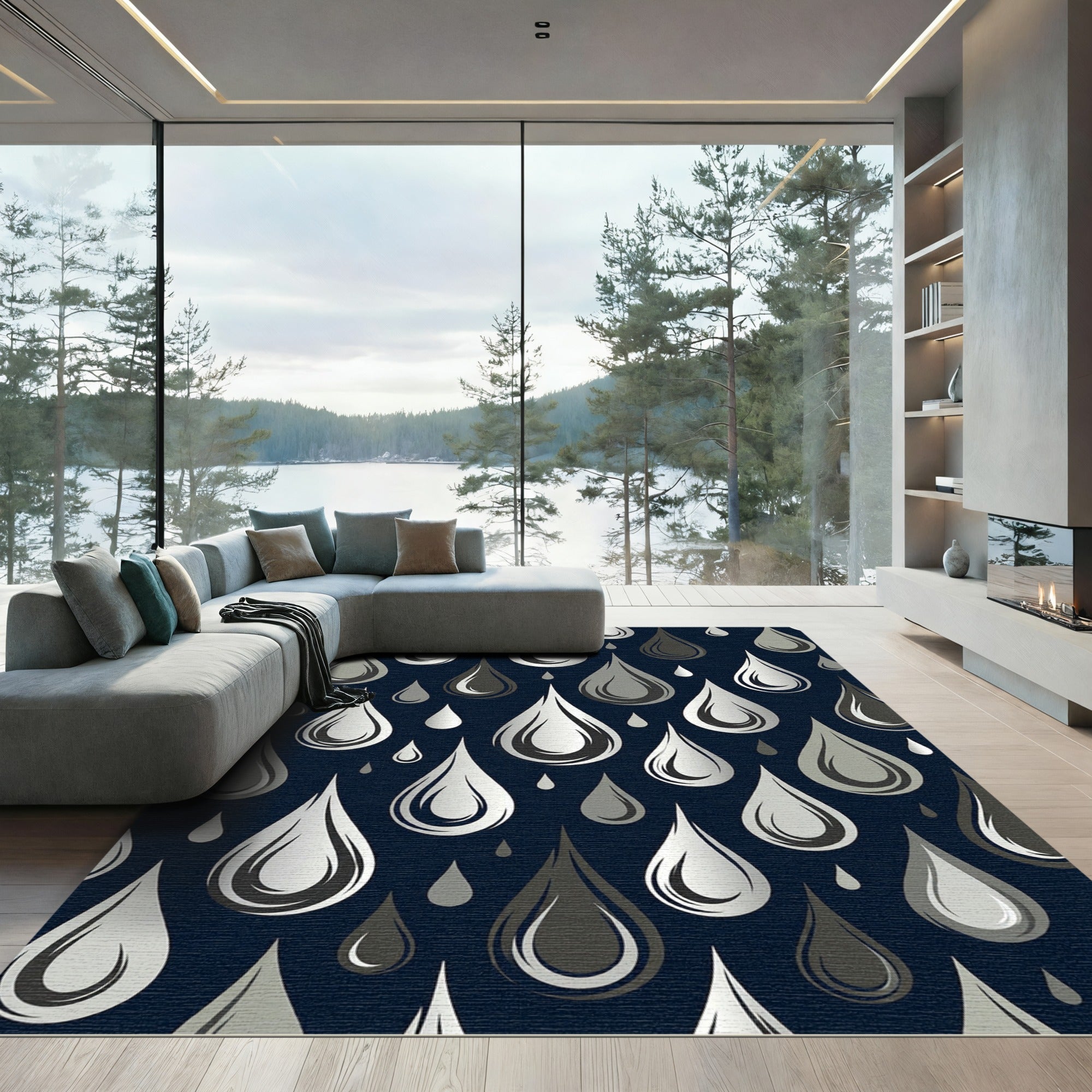 Monochrome Silver Raindrop Abstract Art Rug