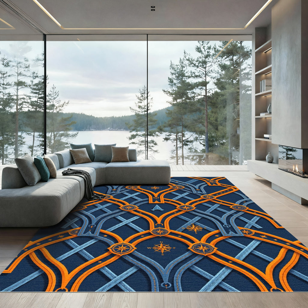 Golden Navigation Compass Geometric Navy Area Rug