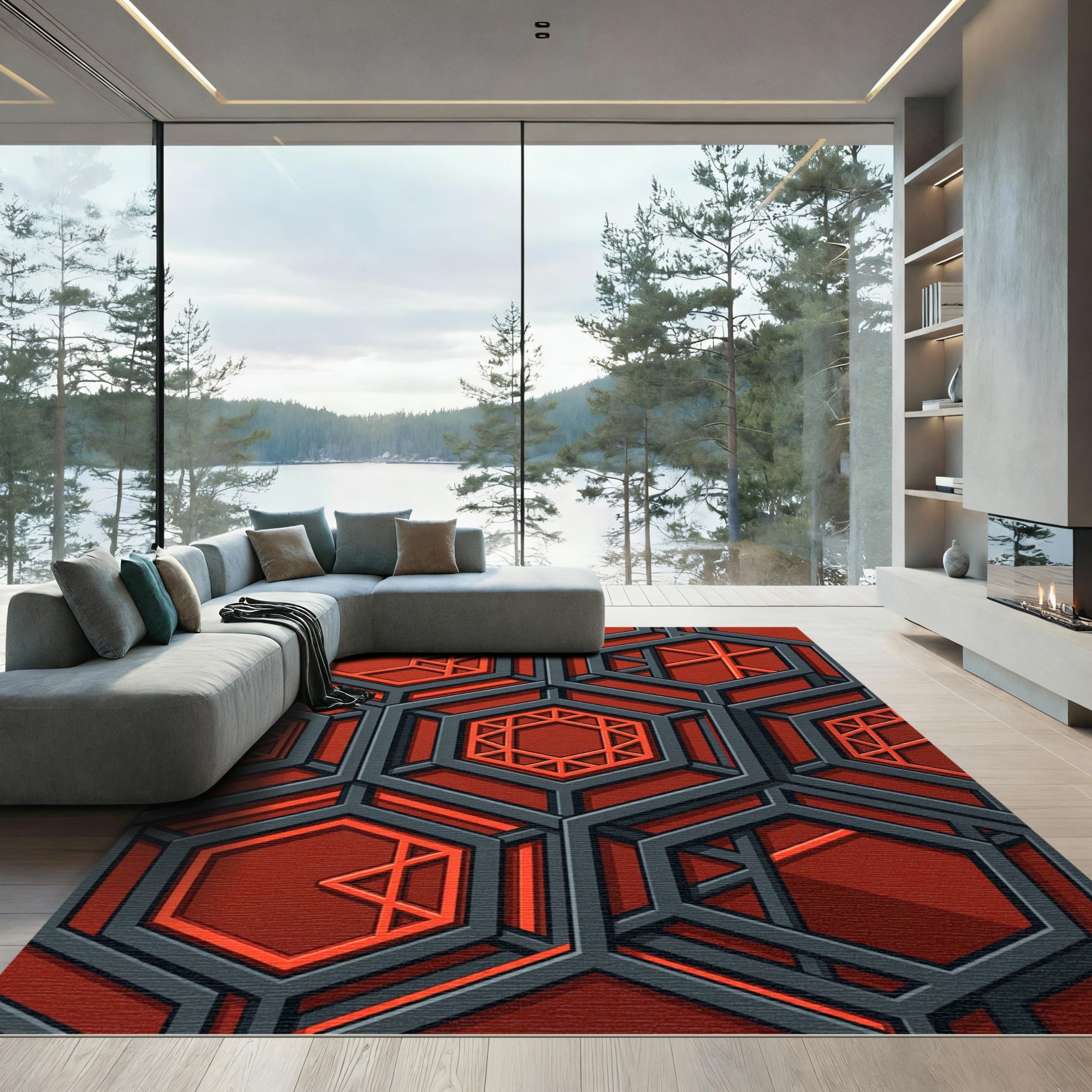 Crimson Hexagonal Geometric Structure Rug